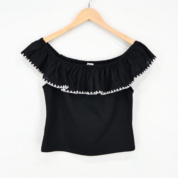 J.Crew Factory Contrast Blanket Stitch Off The Shoulder Top Cotton Size M NWT - Picture 2 of 8